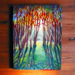 New original acrylic painting, Trees, Green,Red,Yellow 12" x 16" , decor